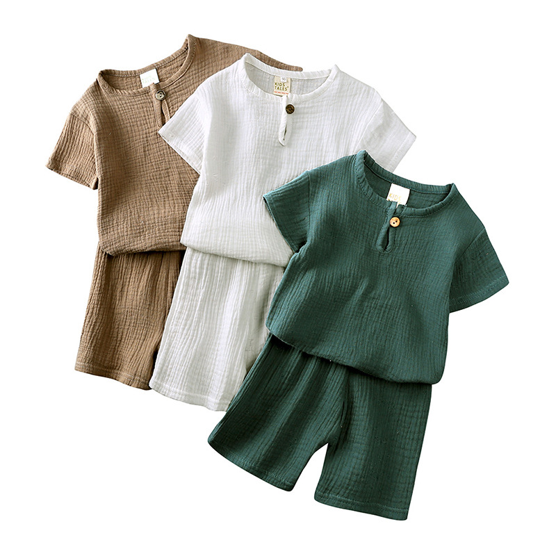 ເຄື່ອງນຸ່ງຫົ່ມຂອງ Toddler Muslin ກໍານົດສາຍຄໍສັ້ນ